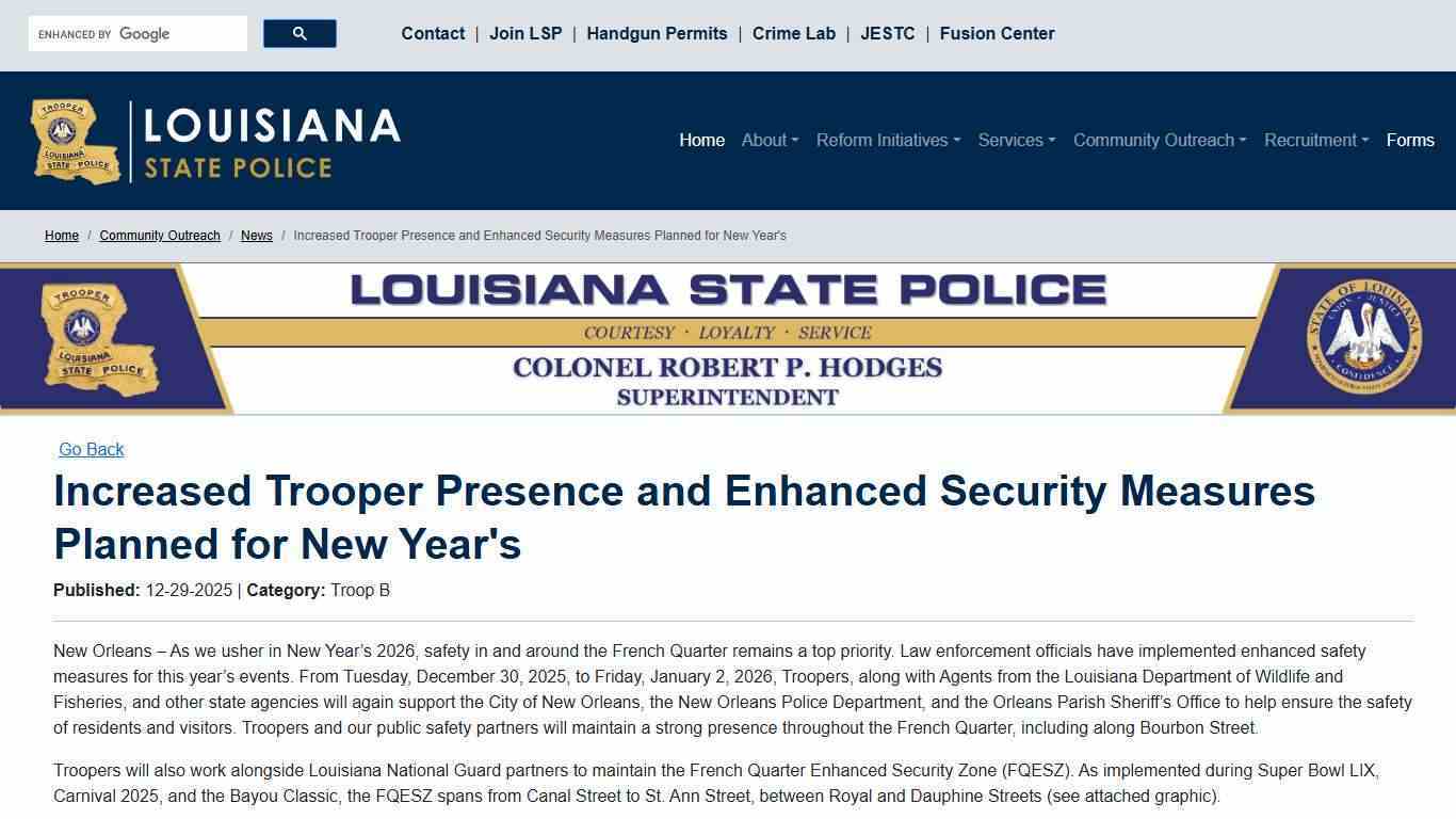 Increased Trooper Presence and Enhanced Security Measures Planned for New Year's - Louisiana State Police